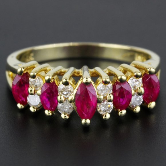 14K Yellow Gold Marquise Ruby & Diamond Anniversary Wedding Band Cocktail Ring - Picture 7 of 7